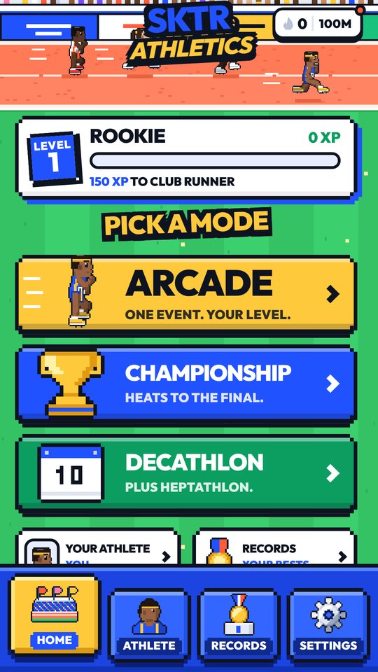 The main menu: Arcade, Championship and Decathlon