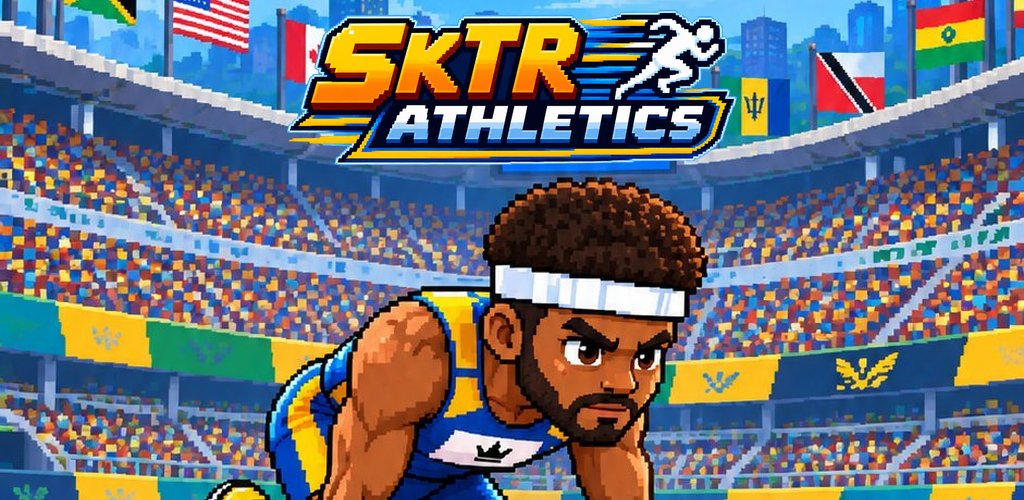 The SKTR Athletics sprinter in the blocks under the game's logo